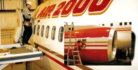 Charlie Halpin President SFX putting graphics on an Air 2000 737 in a hanger in Toronto in 1989.png